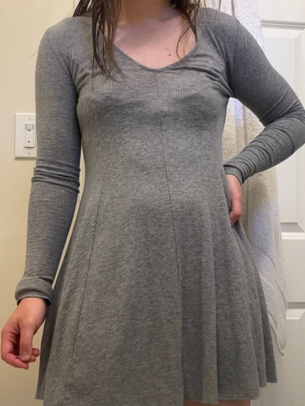 Loverfire Gray Ribbed Long-Sleeve Skater Dress